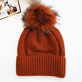 Fox Fur Pom Slouchy Knit Winter Beanie Hat