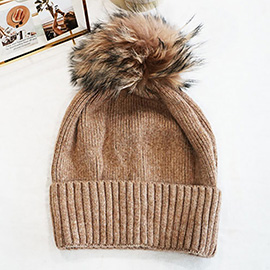 Fox Fur Pom Slouchy Knit Winter Beanie Hat