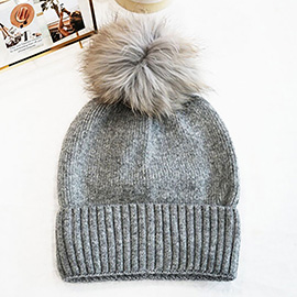 Fox Fur Pom Slouchy Knit Winter Beanie Hat