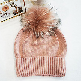Fox Fur Pom Slouchy Knit Winter Beanie Hat