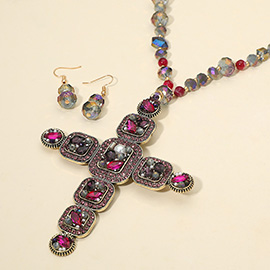 Stone Pearl Embellished Cluster Cross Pendant Faceted Beaded Long Necklace