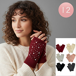 12Pairs - Rhinestone Embellished Angora Fingerless Gloves