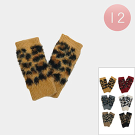 12Pairs - Fuzzy Leopard Pattern Fingerless Gloves