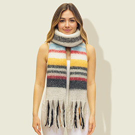 Fringed Fuzzy Striped Winter Scarf