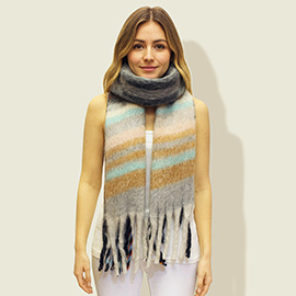 Fringed Fuzzy Striped Winter Scarf