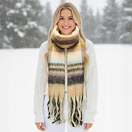Fringed Fuzzy Striped Winter Scarf