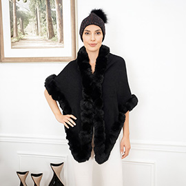 Elegant Faux Fur Trim Cape Poncho