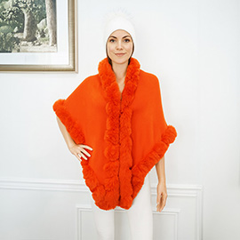 Elegant Faux Fur Trim Cape Poncho